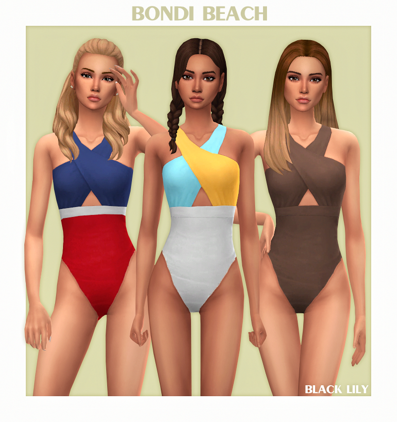 Trois personnages différents de Les Sims 4 portant des maillots de bain croisés assortis dans différentes variantes.