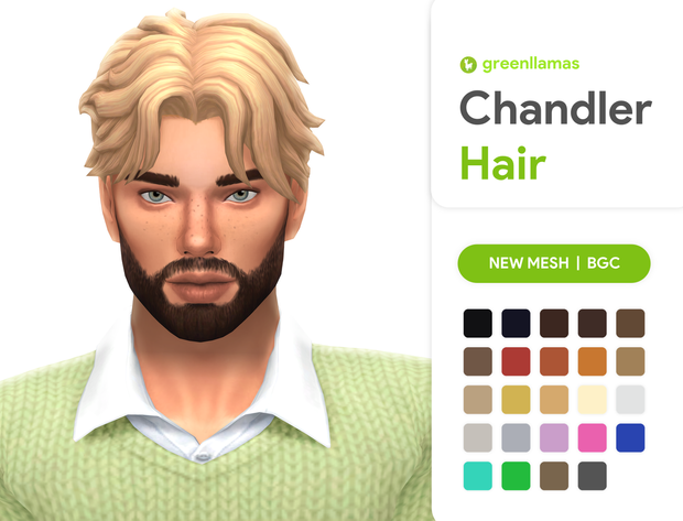 Un sim portant un pull vert avec des cheveux blonds et une barbe brune.