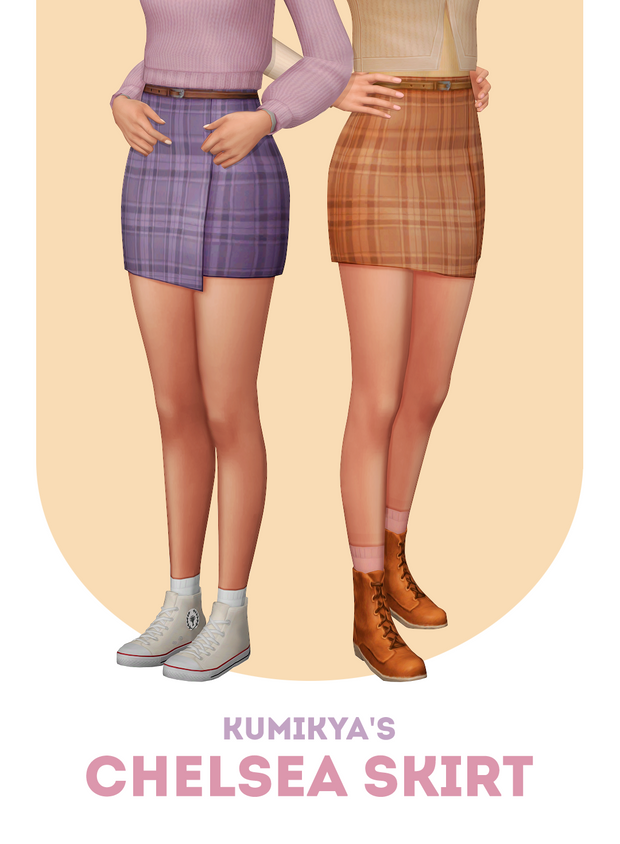 Une image où deux sims se tiennent dos à dos avec les mains sur les hanches. Ils portent toutes les deux des jupes à carreaux avec des ceintures et l'une a des converse et l'autre des bottes.