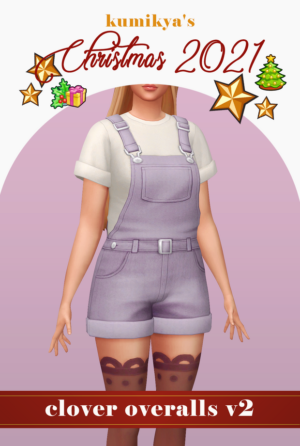 Un Sim debout, les bras le long du corps et la tête coupée de l'image. Ce Sim porte un t-shirt blanc et des salopettes violet clair.