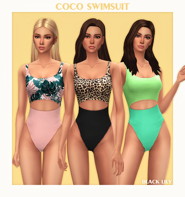 Trois sims posant dans leurs maillots de bain qui sont des maillots une pièce avec une découpe au centre.