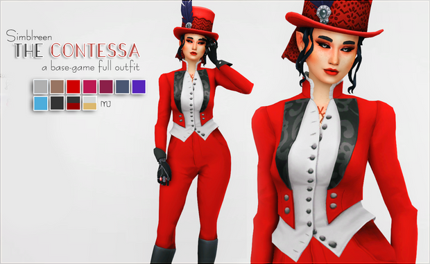 Un sim habillé en costume d'Halloween Contessa noir, blanc et rouge. Il est accompagné de gants et d'un chapeau.