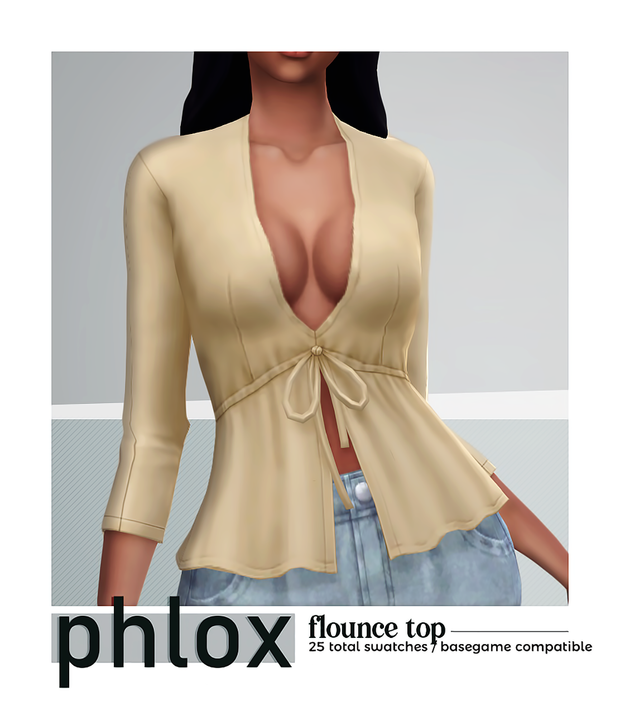 Un Sim portant un pull avec un décolleté très profond et un nœud sous la poitrine. C'est un joli pull avec des manches 3/4.