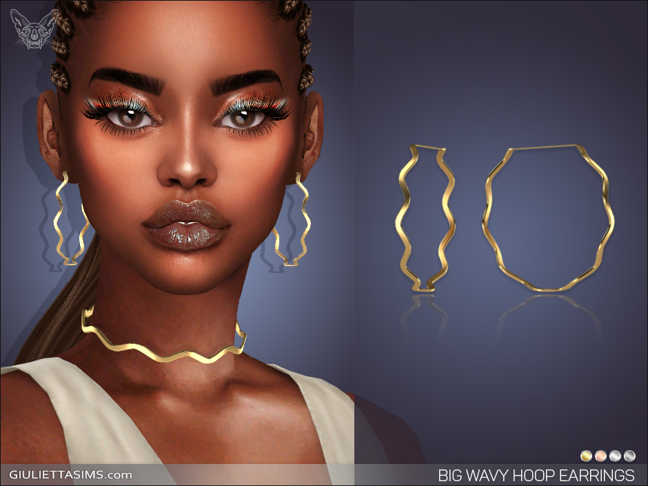 Un personnage dans Les Sims avec les cheveux tressés, un fard à paupières dramatique et un gloss à lèvres. Il porte des boucles d'oreilles ondulées et un collier ras du cou assorti.