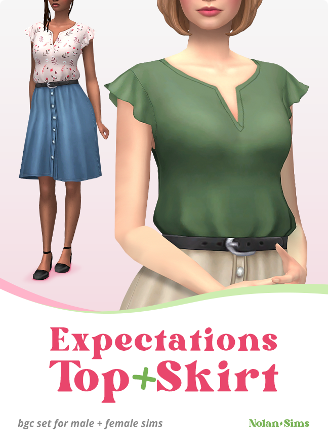 Un joli chemisier avec une ceinture et une jupe boutonnée à ajouter à votre dossier de mods de tenues Sims 4 CC