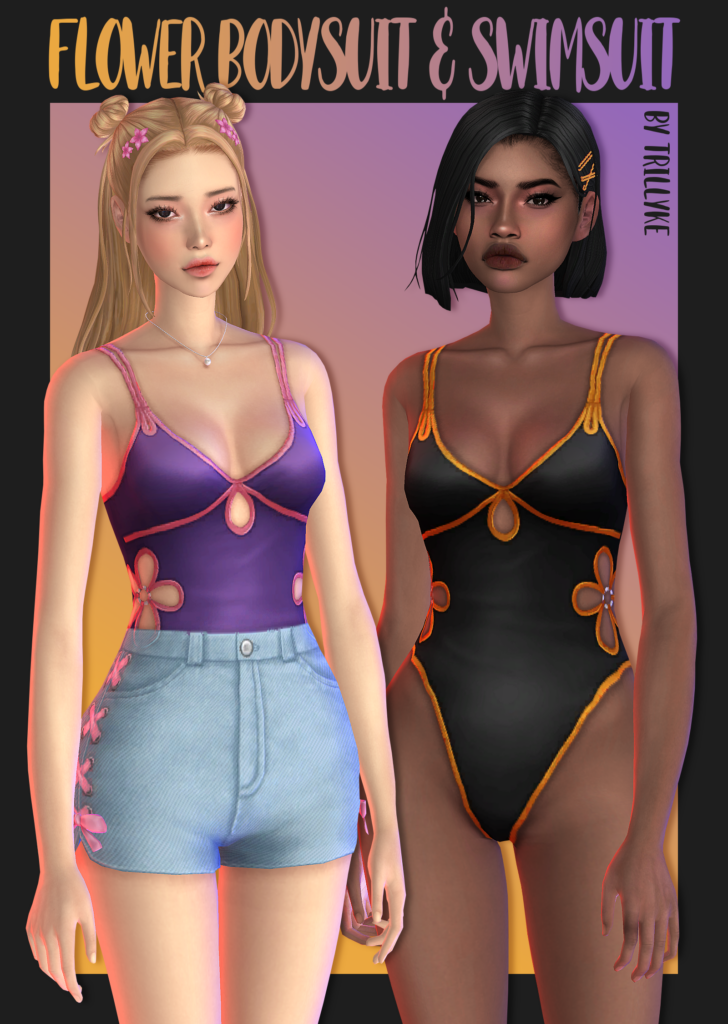 Deux personnages de The Sims 4 portant tous deux un maillot de bain une pièce avec des découpes florales sur les côtés. Ils portent également des shorts en jean.