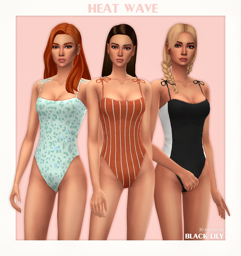 Trois sims différents portent des variantes différentes du même maillot de bain.