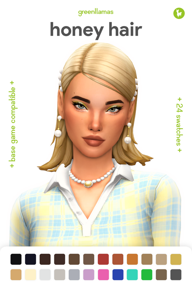 Un sim avec des cheveux blonds et un fard à paupières vert avec des perles dans les cheveux.