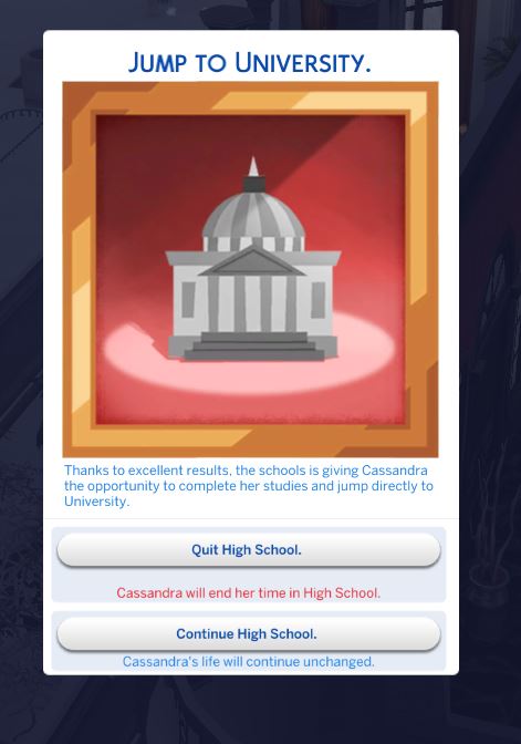 une boîte de message dans Les Sims 4 permettant à vos adolescents de quitter le lycée