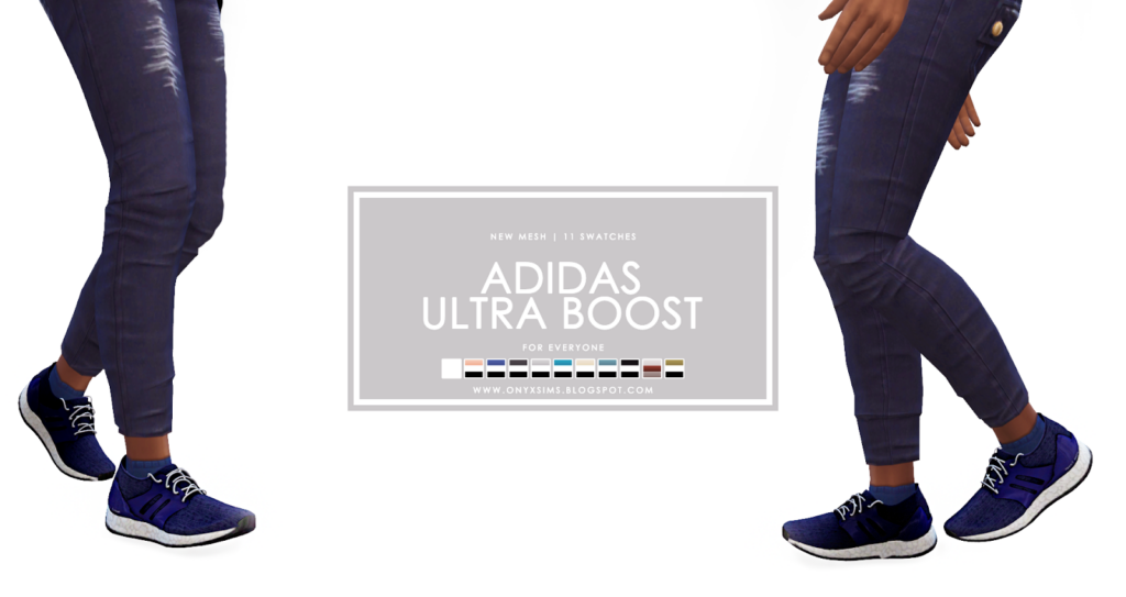 Le même ensemble de jambes deux fois, chacune se faisant face. Les deux portent des chaussures pour homme CC dans Les Sims 4, des baskets bleues avec des semelles blanches et des lacets blancs