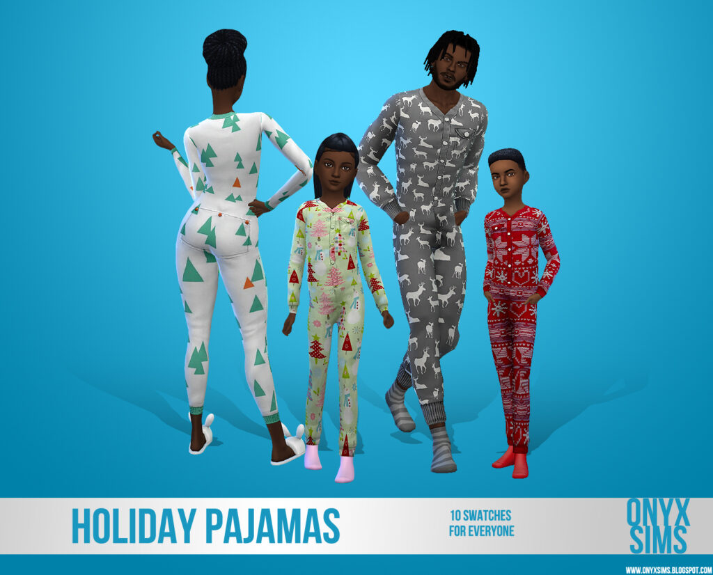 Quatre Sims portant des pyjamas de Noël de différentes couleurs et posant