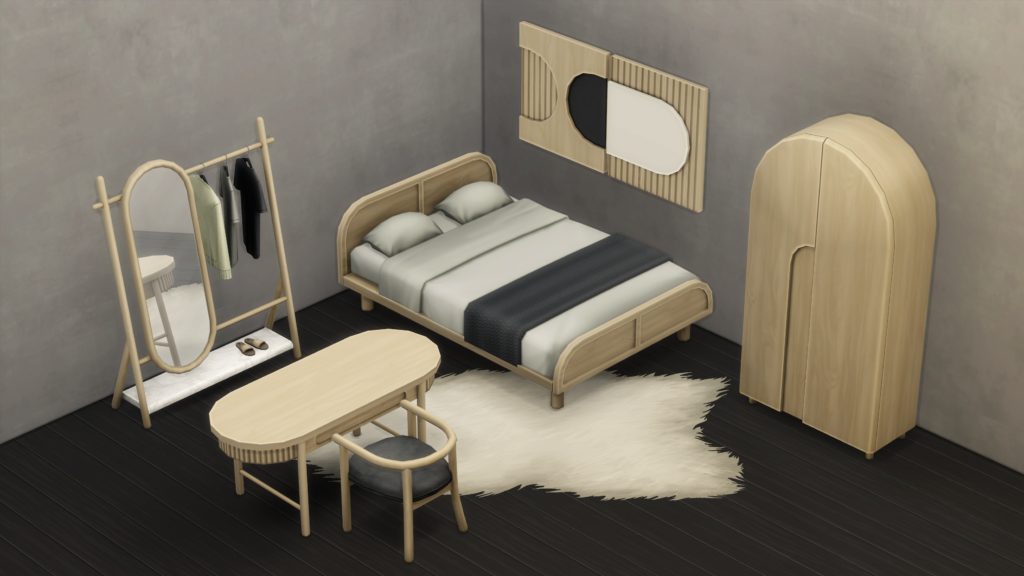 Une pièce avec des sols en bois noir, des murs gris lavés à la pierre et des meubles de chambre sims 4 cc neutres en bois de bouleau clair.