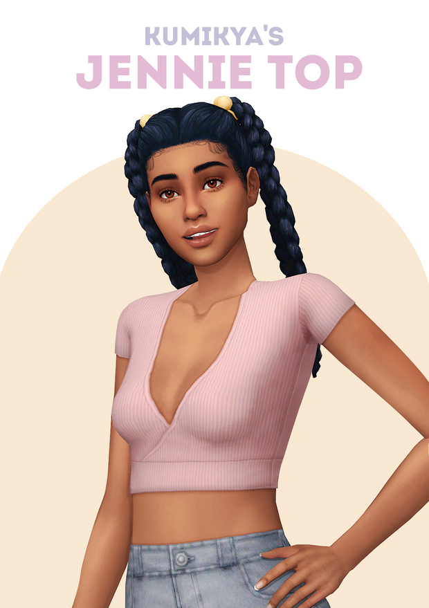 Un Sim avec les cheveux en deux couettes portant un crop top rose avec un décolleté en V profond