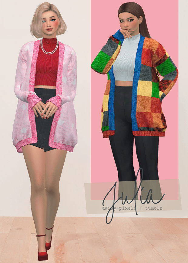 Deux personnages féminins des Sims 4 portant un cardigan tricoté. L'un est couvert de cœurs et l'autre de patchwork. 