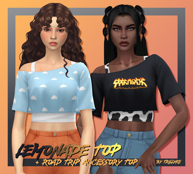 Deux sims, l'un avec des cheveux bouclés et l'autre avec des cheveux raides. Ils portent différentes variantes du même top qui comporte un t-shirt court par-dessus un débardeur court.