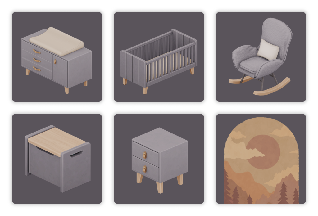 six carrés arrondis, à l'intérieur de chaque carré se trouve un meuble individuel d'un ensemble de chambre d'enfants.