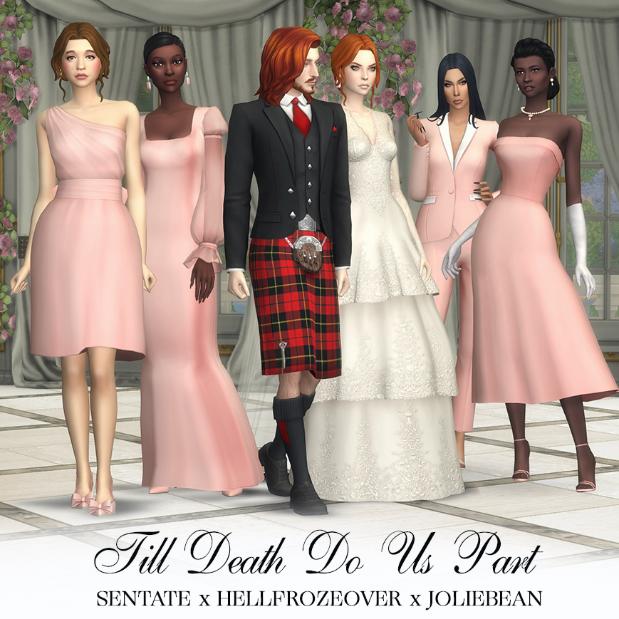Un sim homme aux cheveux roux en kilt, un sim femme aux cheveux roux en robe de mariée et quatre sims femmes portant des tenues rose clair pour la fête nuptiale.