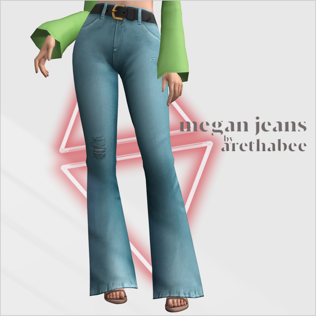 Un Sim portant un haut vert à manches longues avec un jean évasé à taille haute.