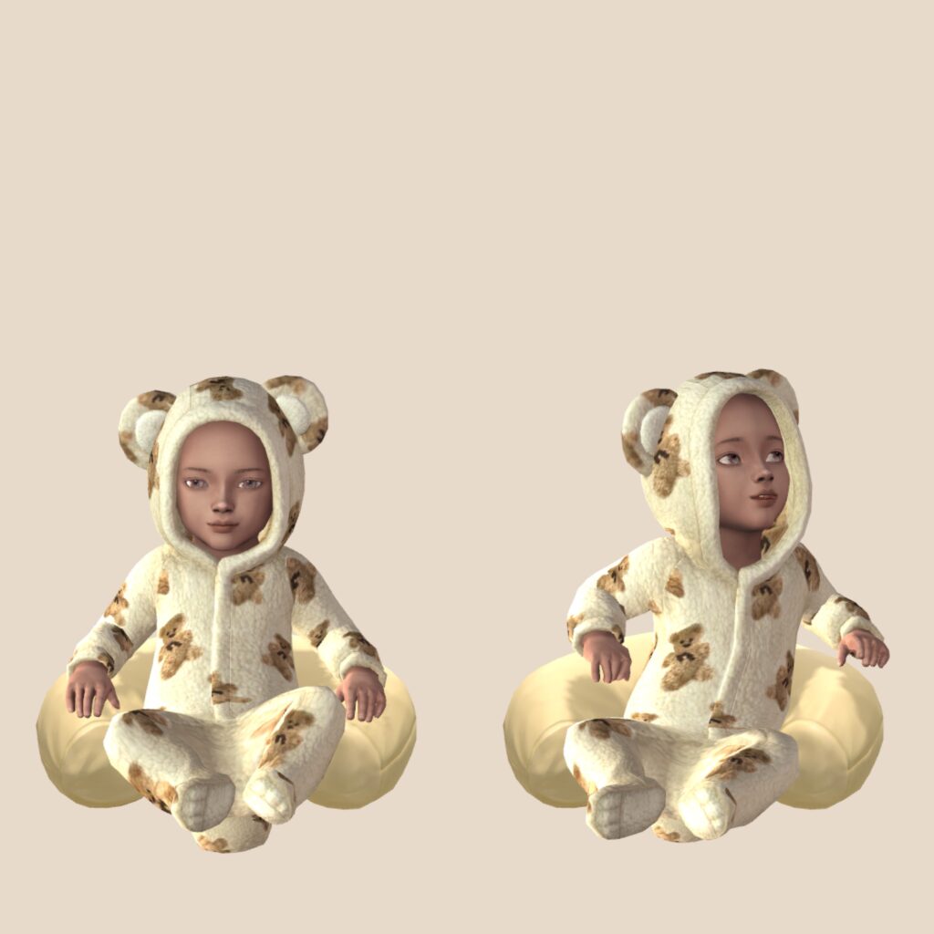 Un fond beige avec deux Sims 4 bébés Sims assis dessus. Ils portent des combinaisons pyjama et sont assis sur un oreiller.
