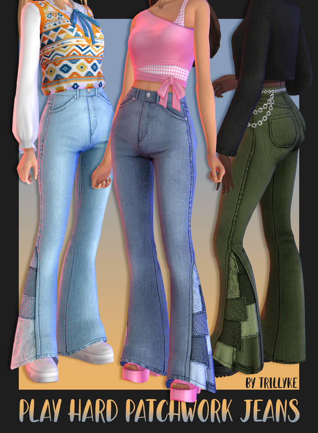 Trois personnages de Les Sims 4 se tenant dans différentes poses avec leurs têtes recadrées hors du cadre. Ils portent tous des hauts différents et la même paire de pantalons taille haute avec une jambe évasée et des patchworks sur le côté.