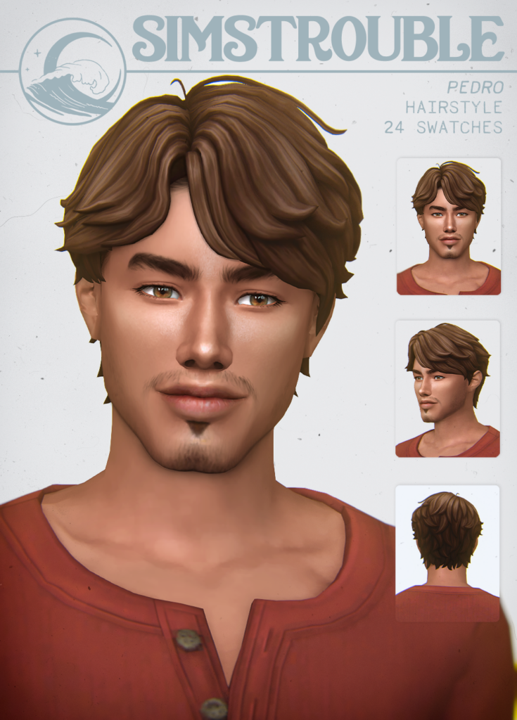 Un Sim souriant aux yeux marron et aux sourcils épais avec des cheveux courts personnalisés pour les hommes.