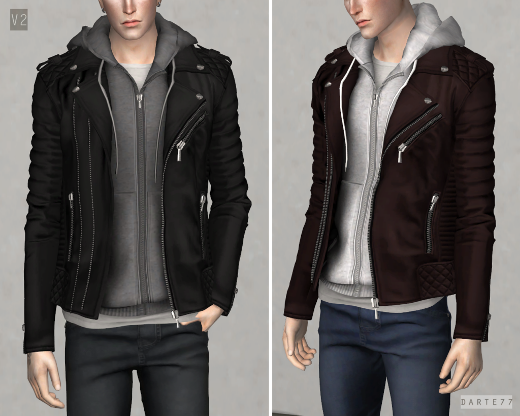 Deux rectangles verticaux avec un Sim (visage coupé) dans chacun, ce Sim porte une veste avec un sweat à capuche zippé en dessous.