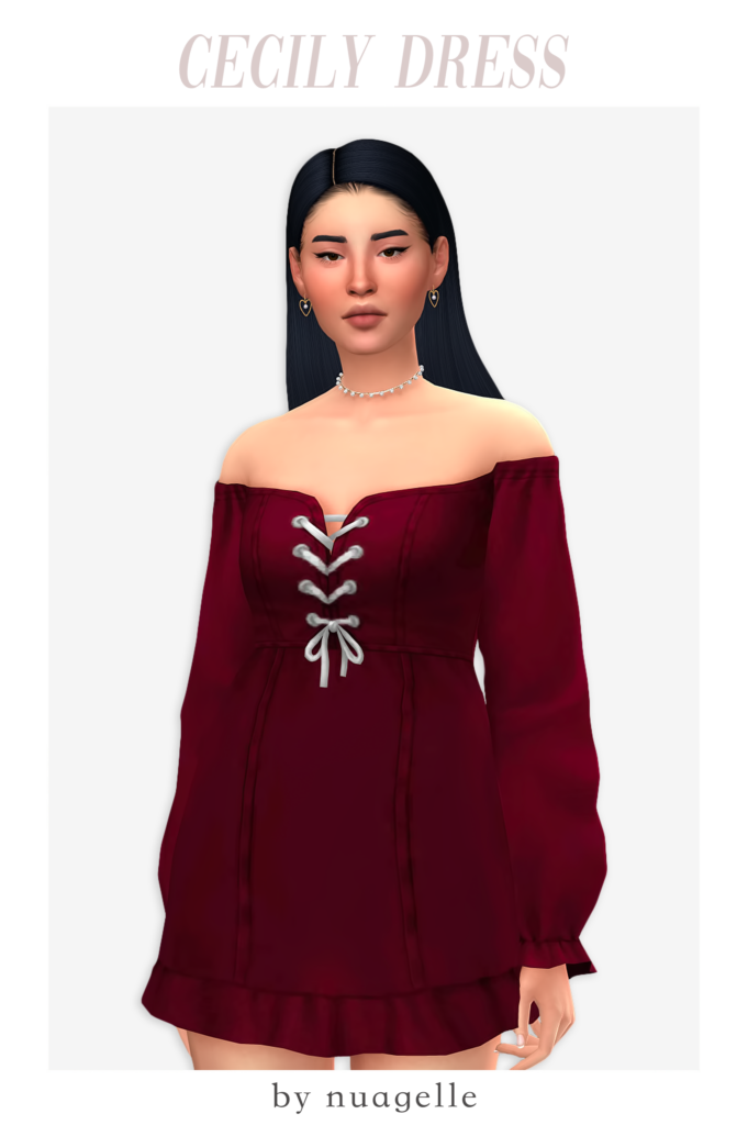 Un sim avec des cheveux noirs portant une robe bordeaux décolletée avec des liens sur la poitrine.