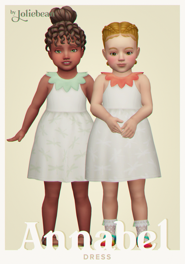 Deux sims portant des robes assorties avec un col mignon qui les fait ressembler à des fruits