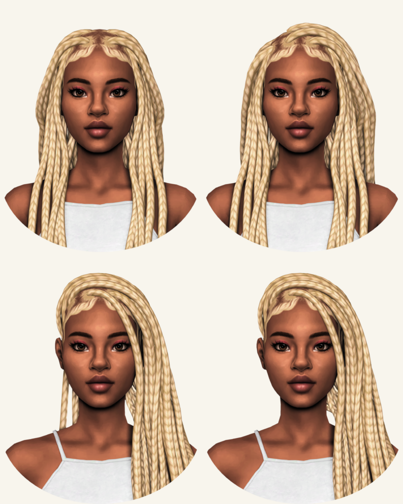 Quatre personnages différents de Les Sims 4 et chacun d'entre eux a un style de tresse cc différent sur leur tête.