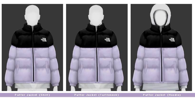 Trois rectangles verticaux avec chacun une variation différente d'une veste matelassée violette et noire.