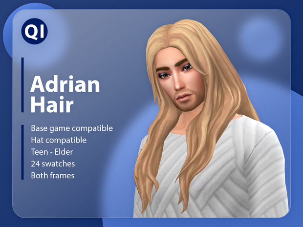 Un sim dans Les Sims 4 avec des cheveux longs et blonds en CC, qui sont séparés au centre et divisés entre le dos et la poitrine.