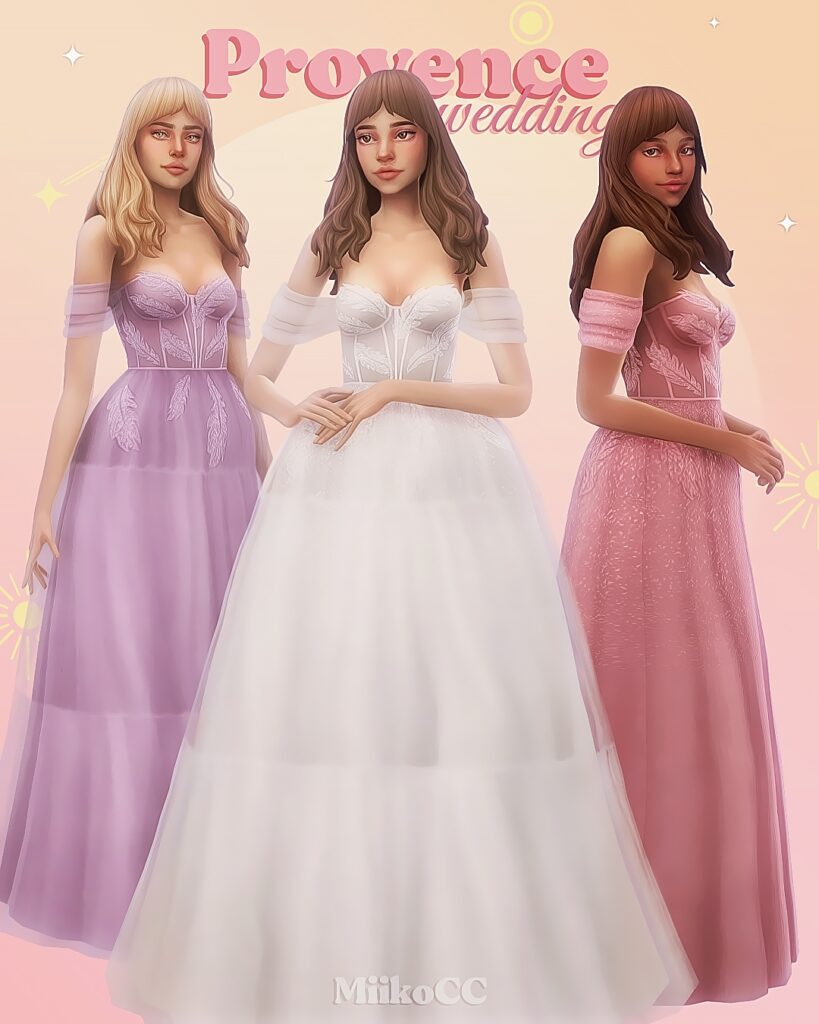 Trois sims aux cheveux lâchés avec une frange portant une robe de mariée à corset