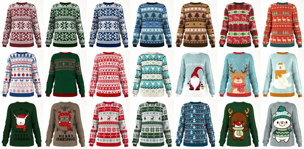 Trois lignes de sept pulls de Noël avec différents designs.