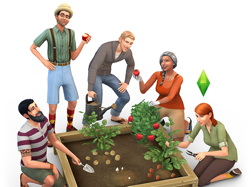Une image de 5 sims de The Sims 4 utilisant le grand bac à plantes pour jardiner dans un club de jardin