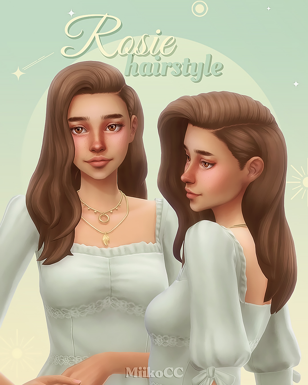 Un sim qui porte une robe vert sauge avec un collier en or. Ils ont les yeux marron et les cheveux bruns. Leur coiffure de mariage CC a une raie sur le côté avec beaucoup de volume.
