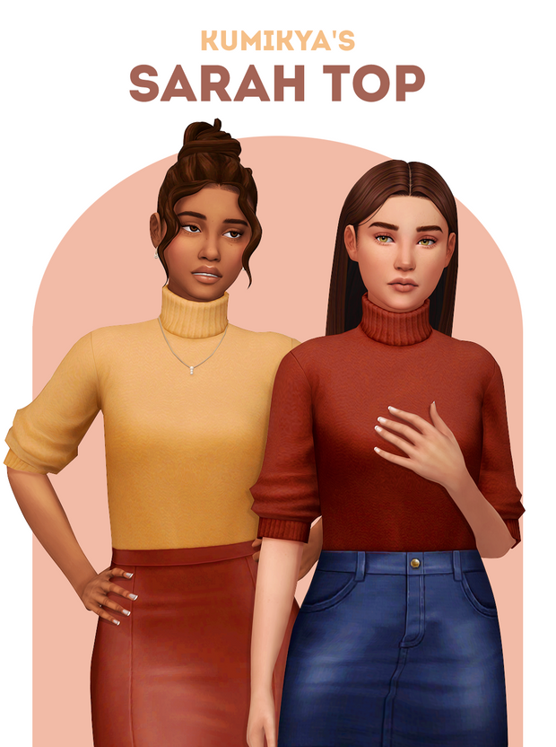 Deux Sims se tenant devant une arche de couleur pêche. Ils portent tous les deux le même haut à col roulé personnalisé pour les Sims 4 avec des bas différents.