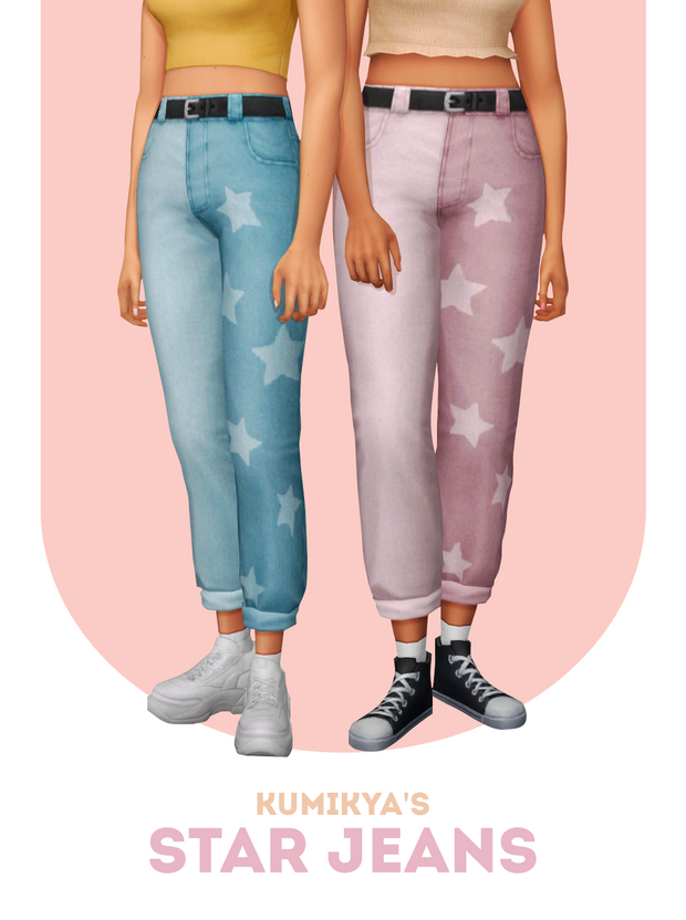 Deux sims du torse vers le bas qui portent des hauts coupés avec des jeans taille haute, une jambe ayant des étoiles dessus.