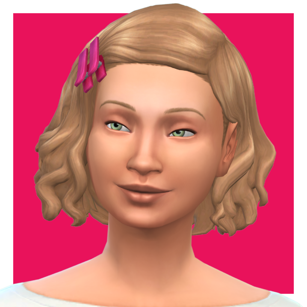 Un personnage des Sims sur un fond rose. Ce Sim regarde vers la gauche et a les cheveux ondulés jusqu'à la longueur du menton, retenus par deux clips.