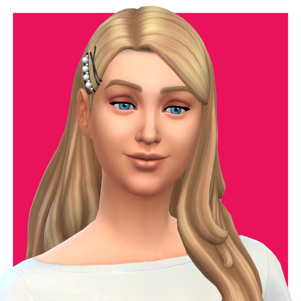 Un personnage des Sims sur un fond rose. Ce sim a les cheveux blonds avec une raie sur le côté, une mèche est rabattue derrière l'oreille avec des pinces qui maintiennent les cheveux en arrière.