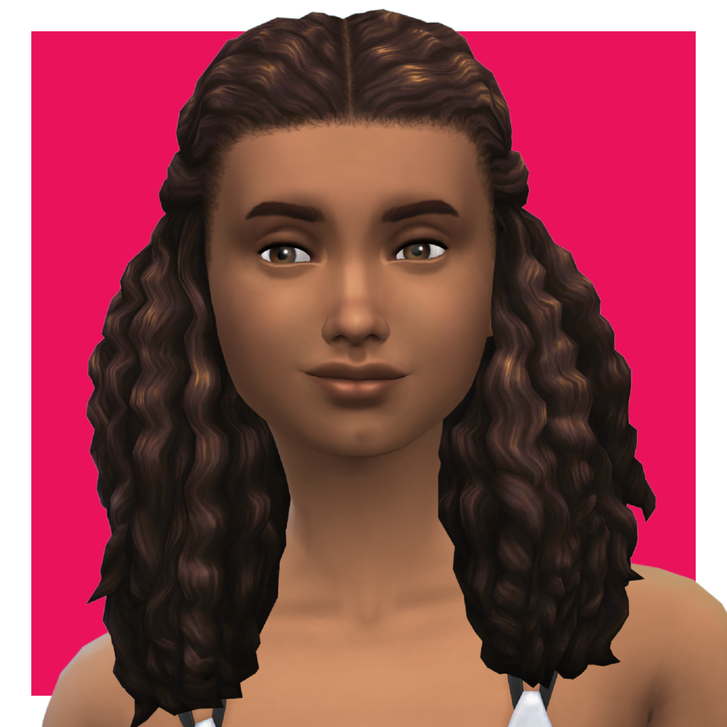 Un personnage des Sims sur un fond rose. Ce sim a les cheveux bouclés, mi-attachés, mi-lâchés et un peu plus longs que les épaules.