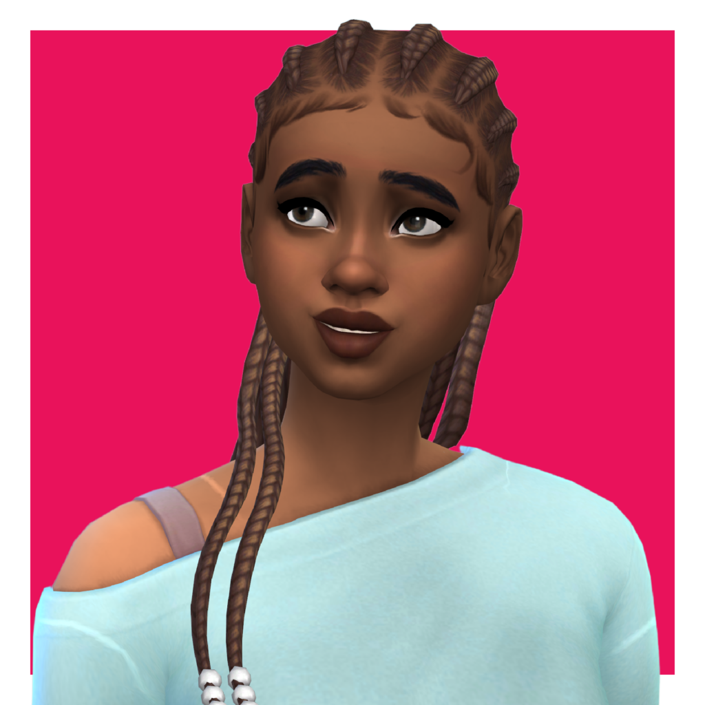 Un personnage des Sims sur un fond rose. Ce sim porte un pull bleu épaules dénudées et ses cheveux sont tressés avec des perles au bas.