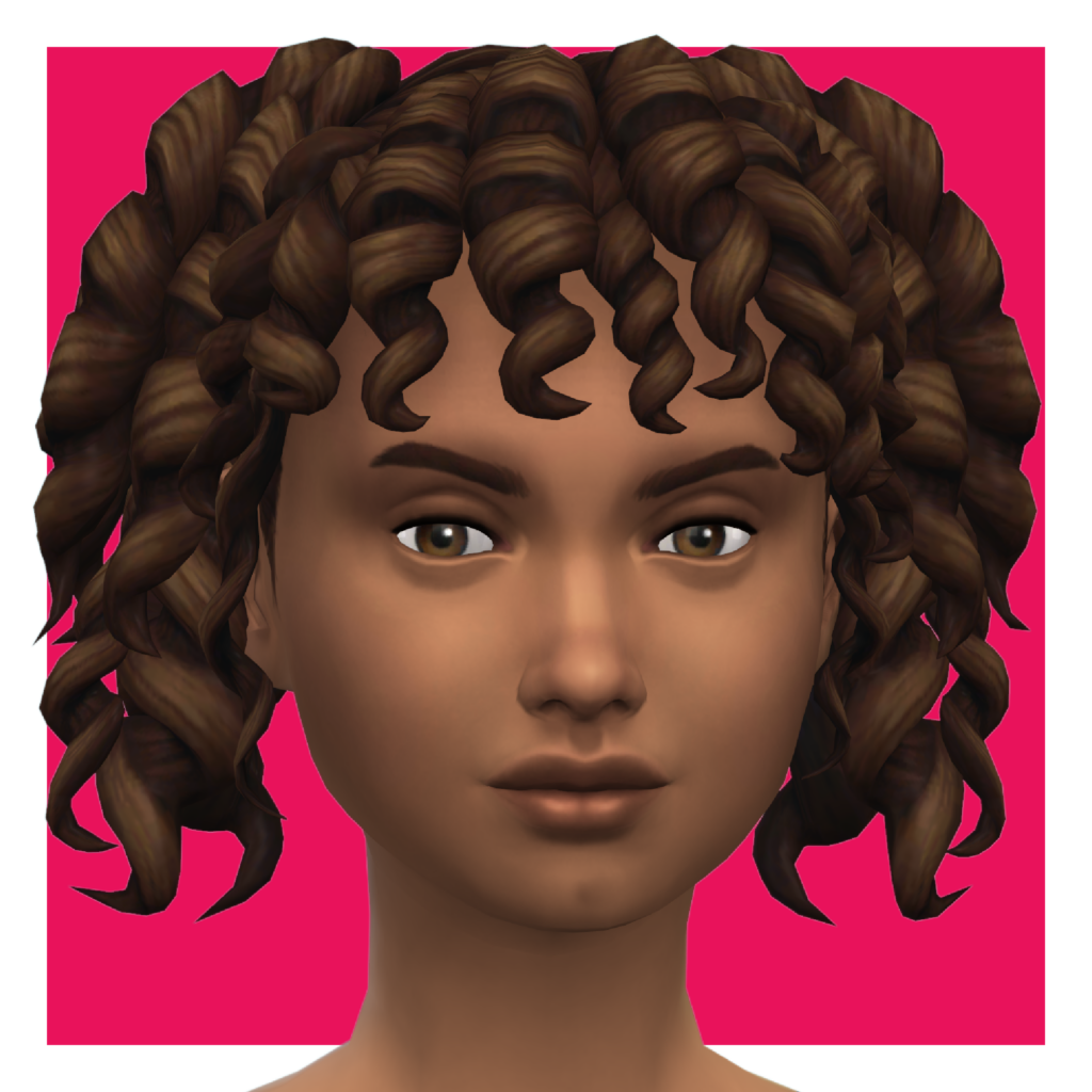 Un personnage des Sims sur un fond rose. Ce sim a des cheveux bouclés en deux queues de cochon très bouclées et des franges bouclées.