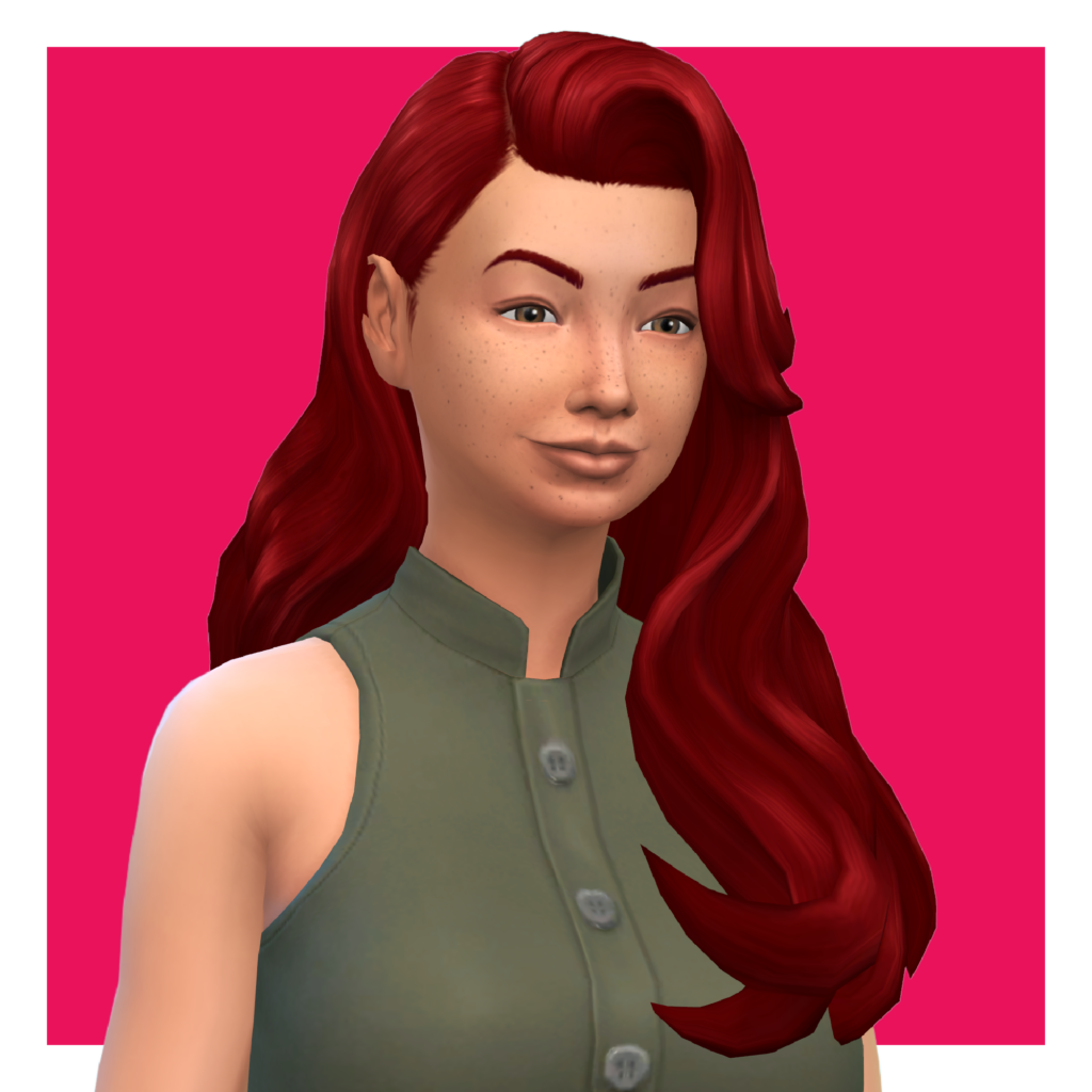 Un personnage des Sims sur un fond rose. Ce sim porte du vert et a les cheveux rouges poussés d'un côté devant sa poitrine.