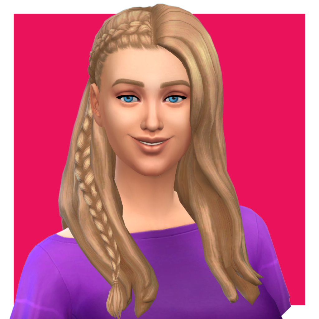 Un personnage des Sims sur un fond rose. Ce sim porte un t-shirt violet et a une coiffure avec une raie au milieu. Un côté est lisse et l'autre côté a une tresse française à l'avant.