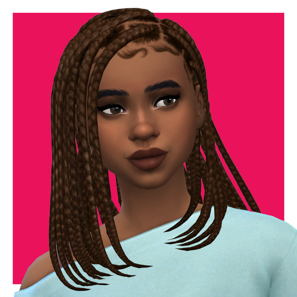 Un personnage de Sims sur un fond rose. Ce sim porte un pull bleu clair et ses cheveux sont tressés avec les bordures bien plaquées.