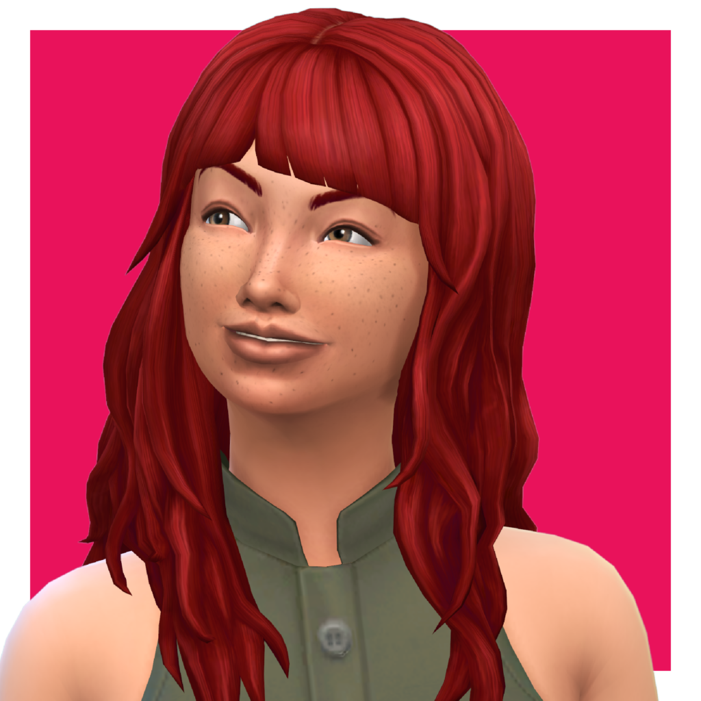 Un personnage des Sims sur un fond rose. Ce Sim a les cheveux rouges avec des franges