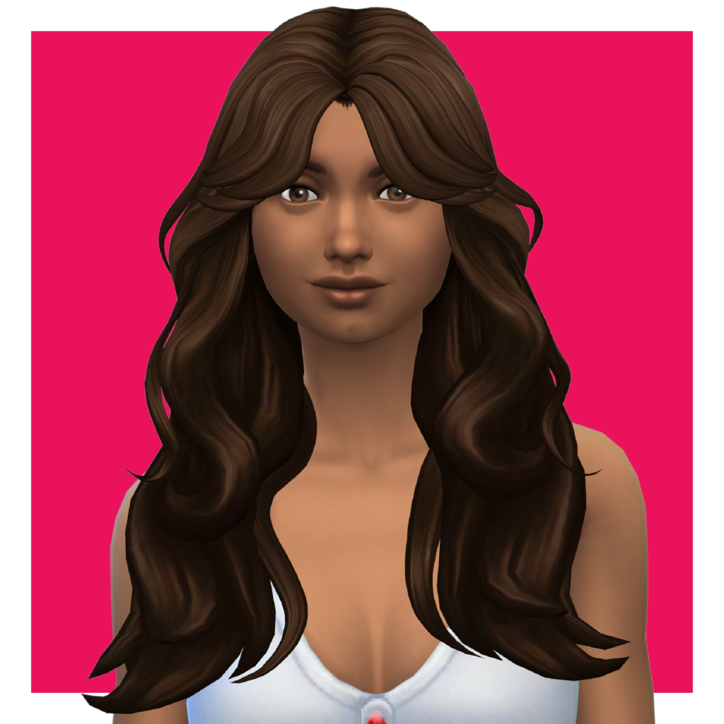 Un personnage des Sims sur un fond rose. Ce sim a des cheveux qui ressemblent à un soufflé magnifique avec beaucoup de volume.