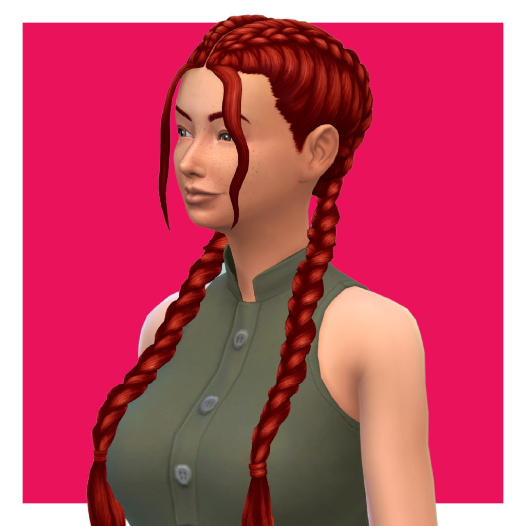 Un personnage des Sims sur un fond rose. Ce sim a les cheveux tressés en deux nattes françaises qui descendent jusqu'à la poitrine avec deux mèches encadrant le visage.