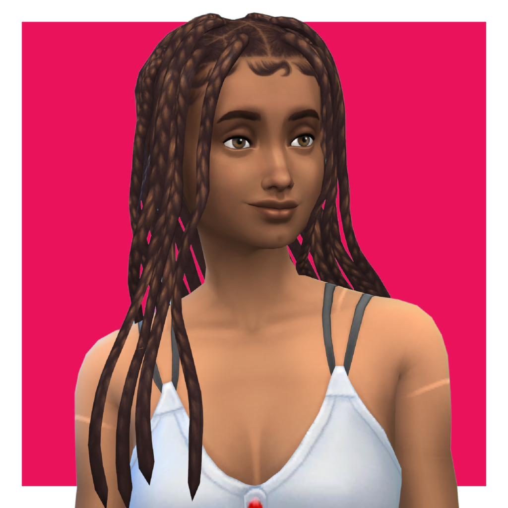 Un personnage des Sims sur un fond rose. Ce sim a les cheveux tressés et porte un t-shirt blanc.