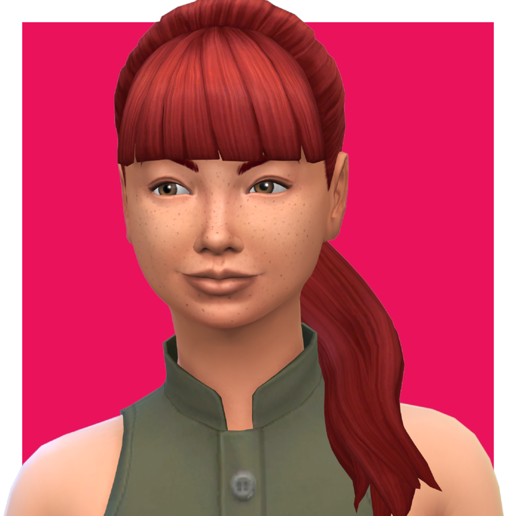 Un personnage des Sims sur un fond rose. Ce sim a les cheveux attachés en une simple queue de cheval avec une frange droite.